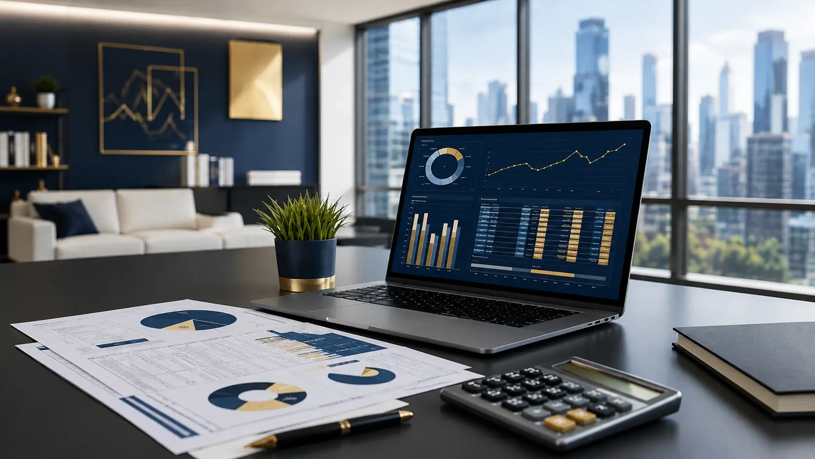 A laptop showing financial dashboards beside printed reports and a calculator on an office desk