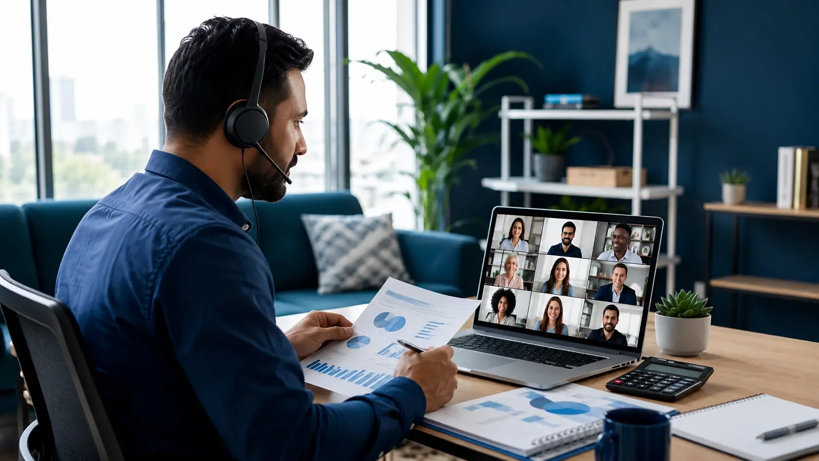 A diverse support team working on laptops with headsets in a shared office